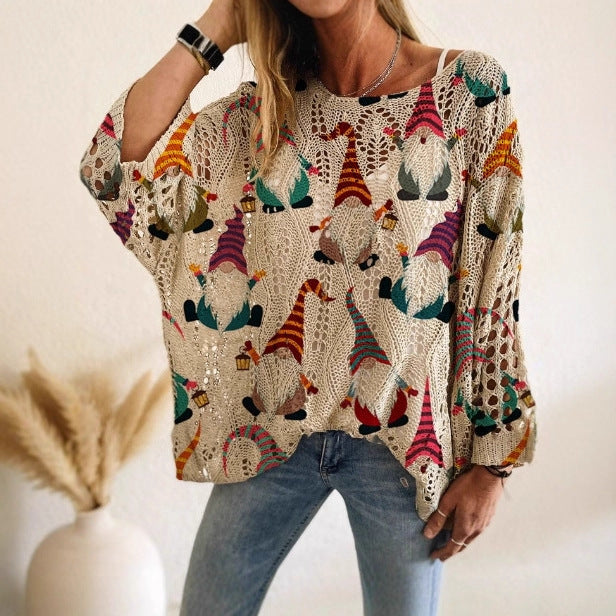 Bat Loose Off-shoulder Boat Neck Diamond Hollow-out Contrast Color Christmas Print Knitted Sweater