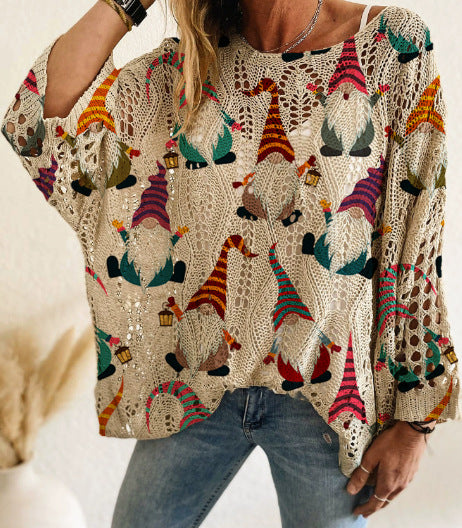 Bat Loose Off-shoulder Boat Neck Diamond Hollow-out Contrast Color Christmas Print Knitted Sweater