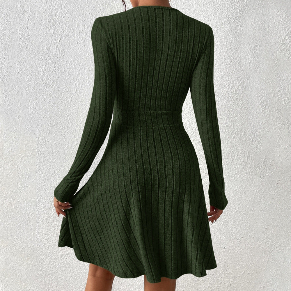 European And American Sexy Women's V-neck Waist-cinching Popular Fabric Ribbed Brushed Long-sleeve Dress