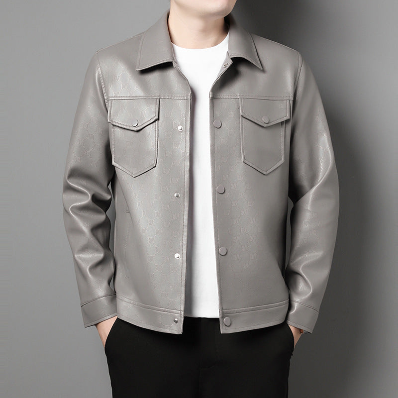 Men's Lapel Trend Lightweight Printed Leather Jacket