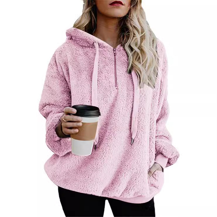 Long Sleeve Zipper Hooded Color Women's Sweatshirt Fleece Jacket