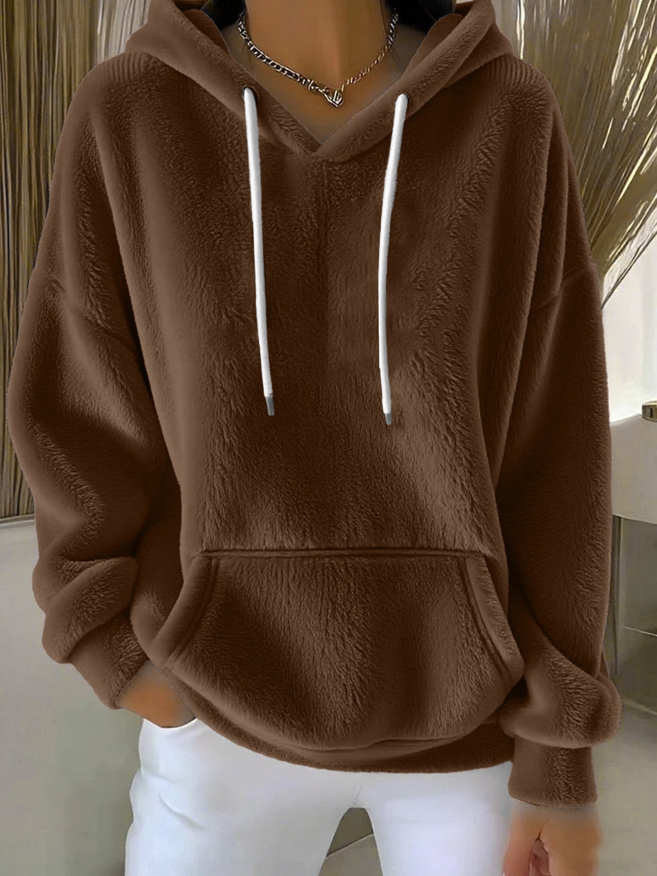 Women's Solid Color Lamb Fleece Lined Versatile Sweatshirt For Autumn And Winter