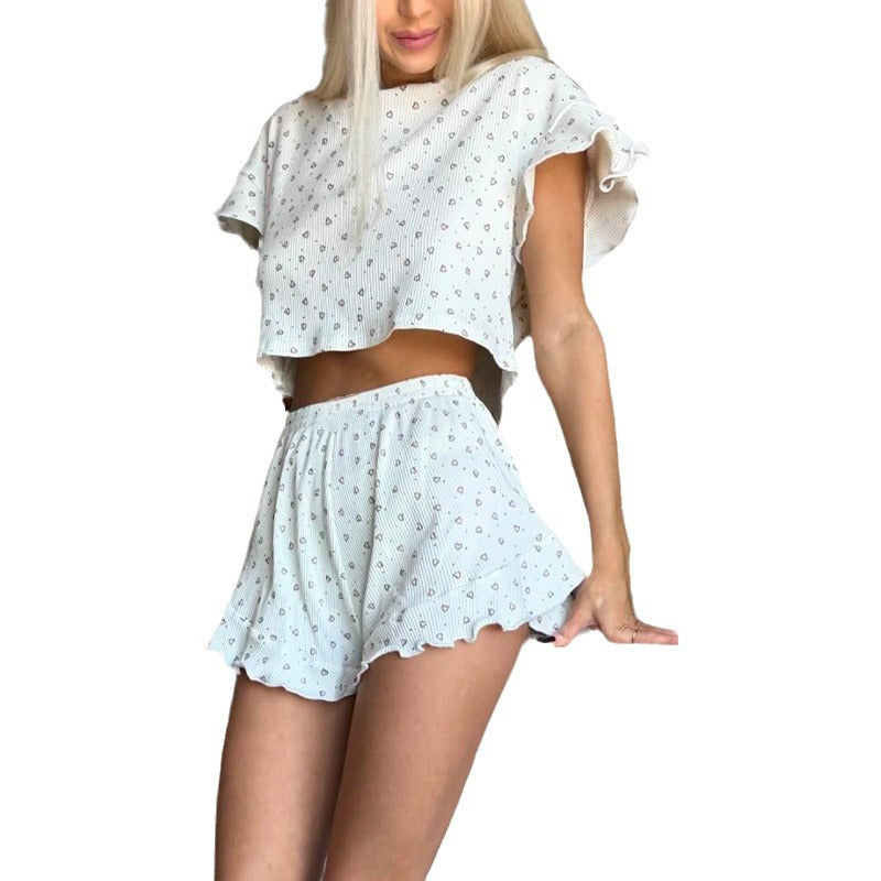 Women's Casual Printing Suit Short Sleeve Round Neck Shorts