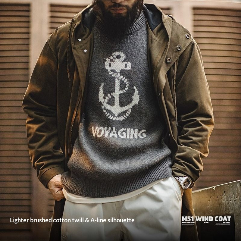 Military Style Brushed Fleece Hooded Windbreaker Loose Pure Cotton Mid-length Coat For Men Autumn