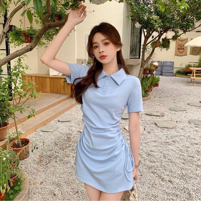 Pure Desire Style POLO Collar Dress Women Drawstring