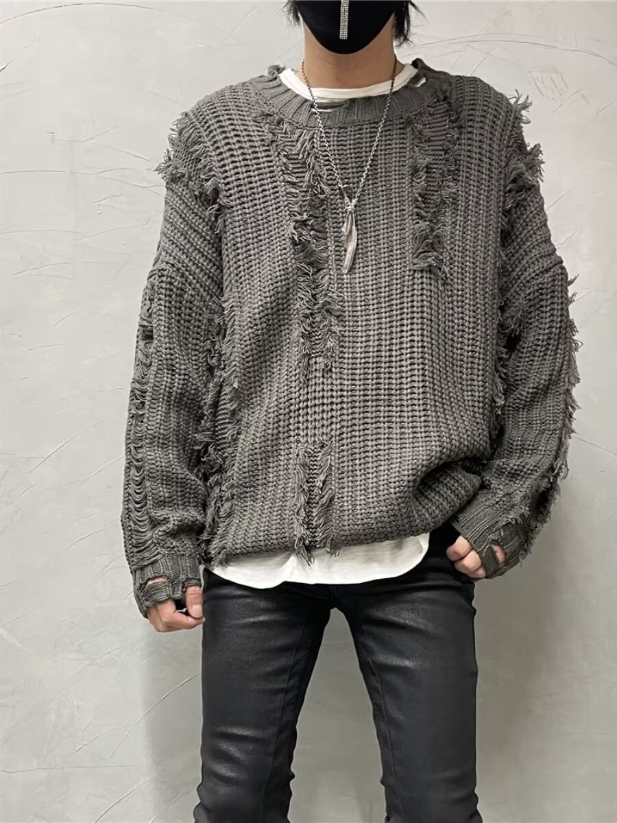 Niche Retro Tassel Ripped Design Loose Lazy Knit Sweater