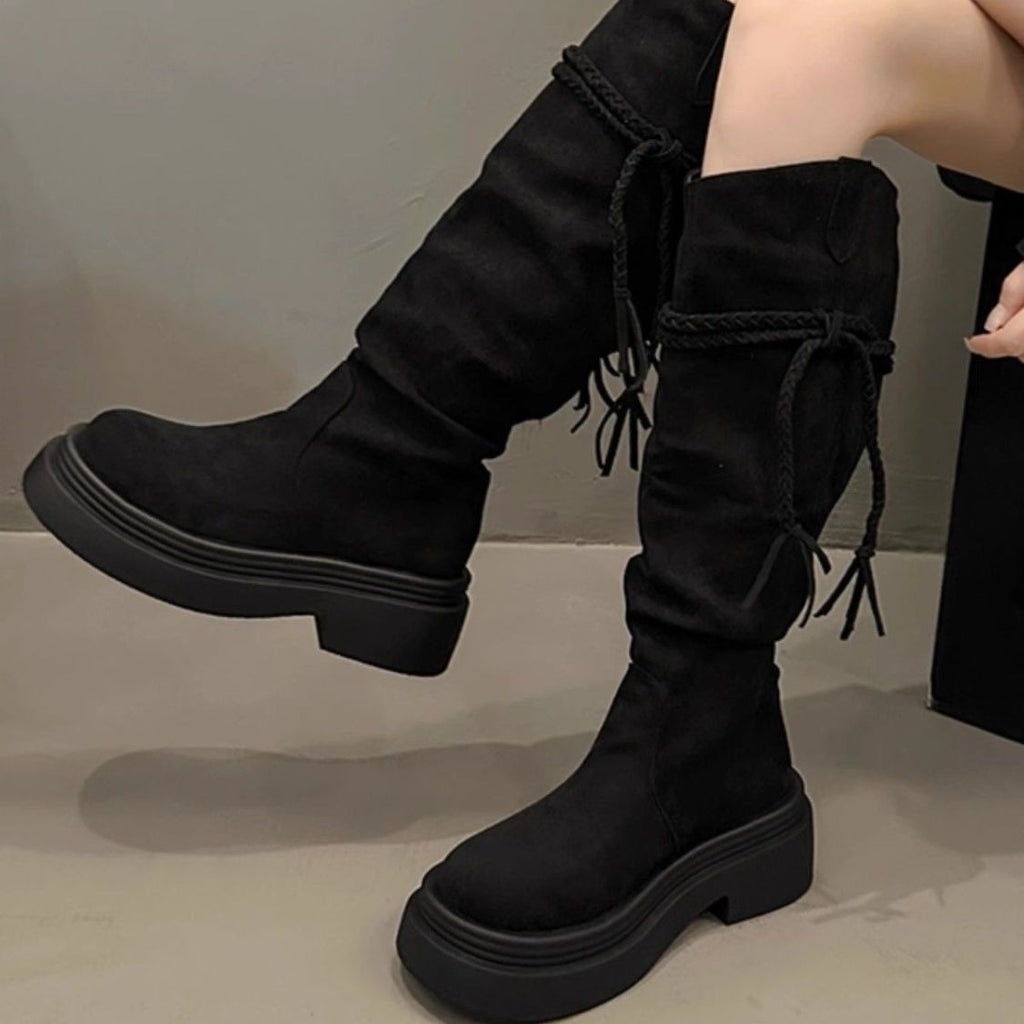 Retro Fashion Versatile Fringe Stacked Boots Women