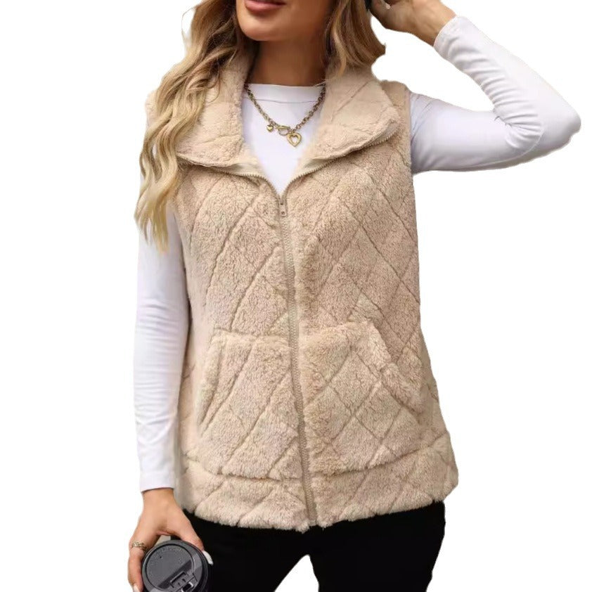 Women's Clothing Cardigan Zipper Loose Diamond Lattice Coat Plush Vest