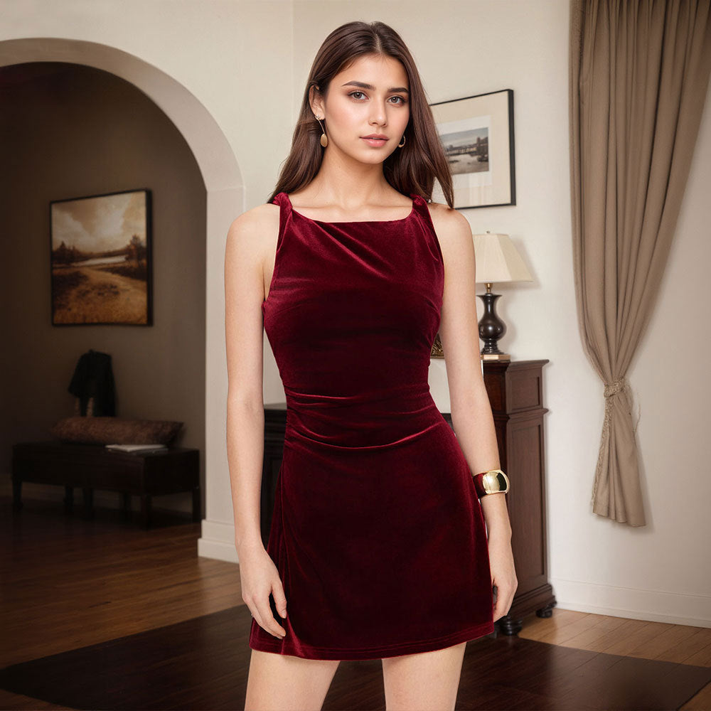 French Retro Velvet Dress Women's New Wine Red