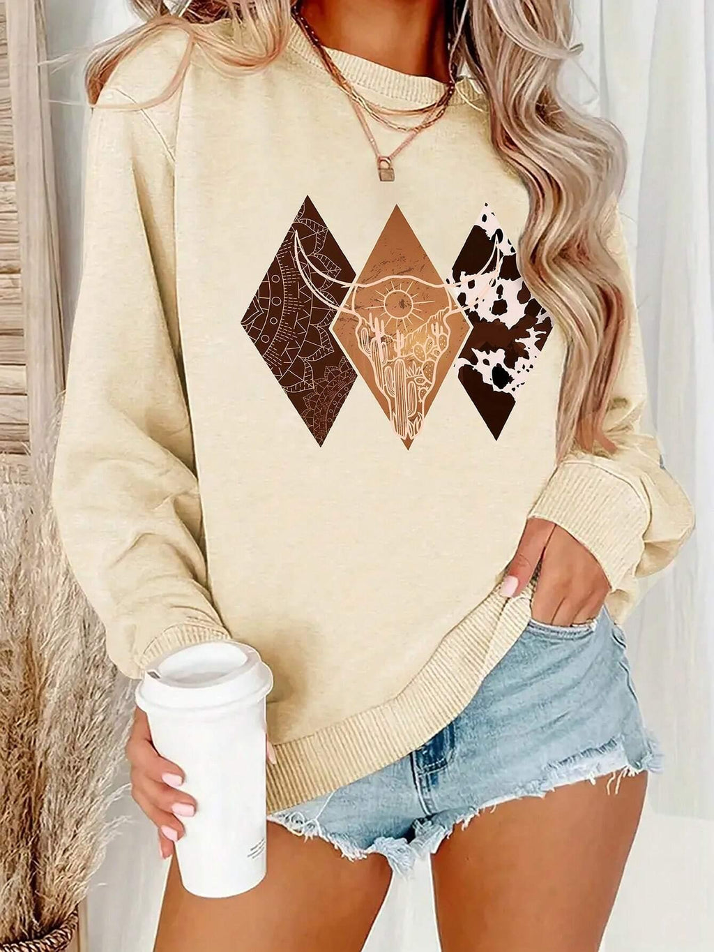 Casual Women Sweatshirt Cowboy Style Pattern Printing Hoodie