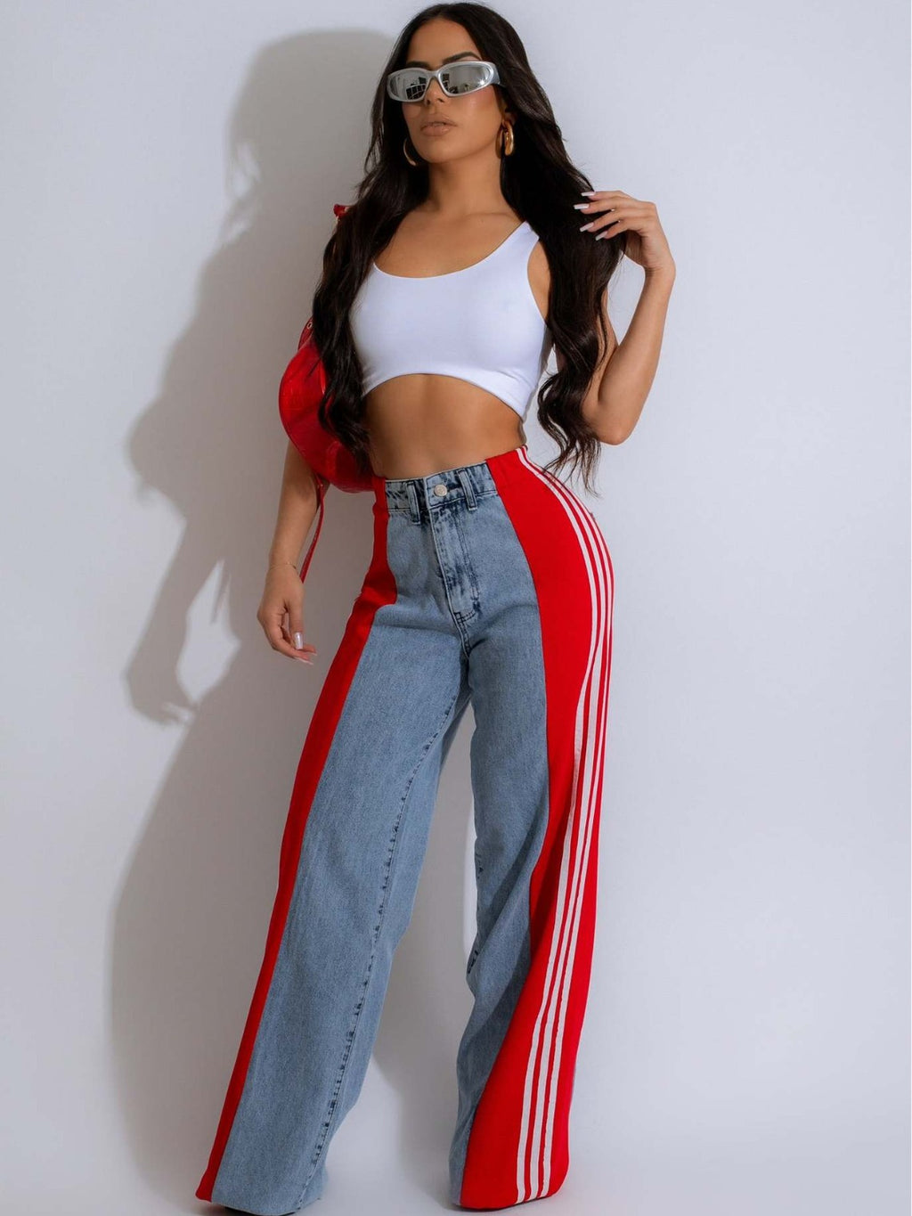 Summer Fashion Stitching Three Striped Wide Leg Denim Trousers For Women