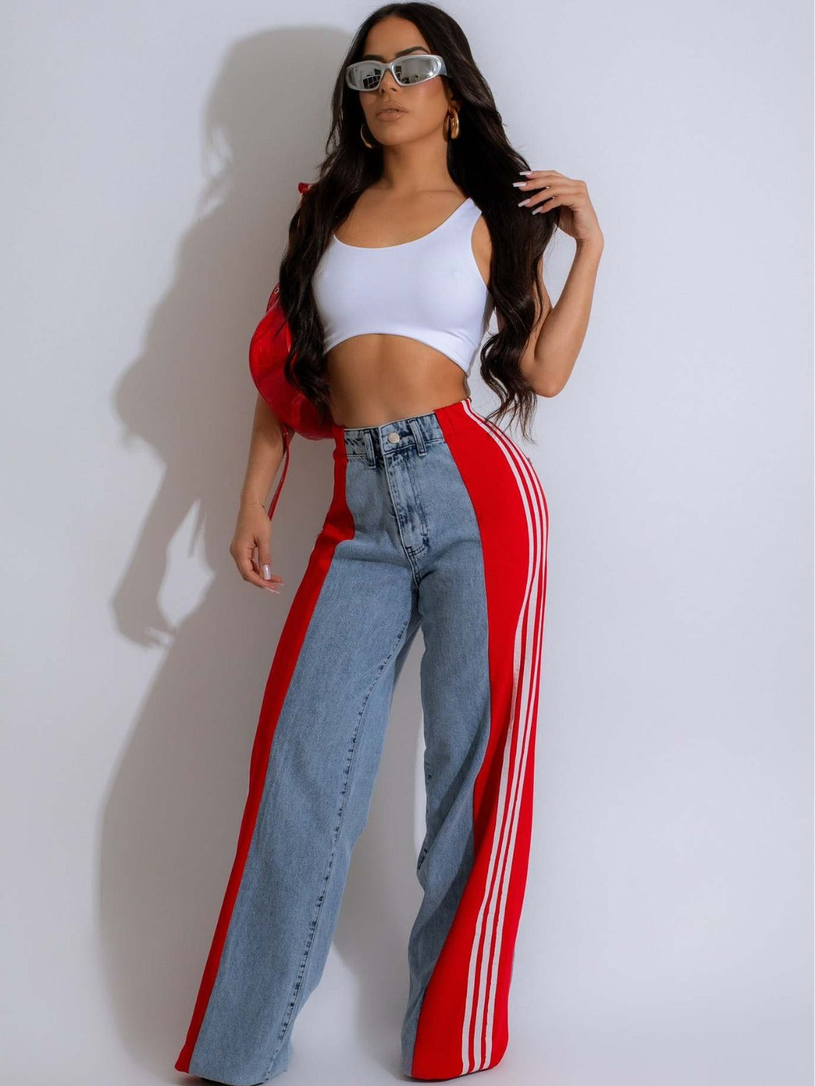 Summer Fashion Stitching Three Striped Wide Leg Denim Trousers For Women