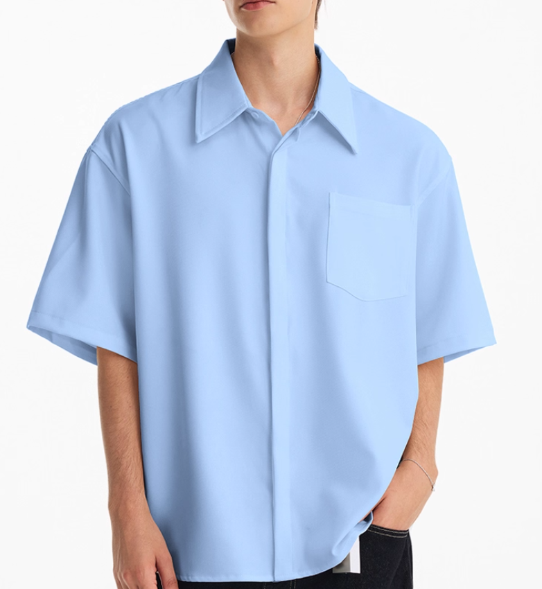 Summer American Retro Solid Color Short Sleeve Shirt Men