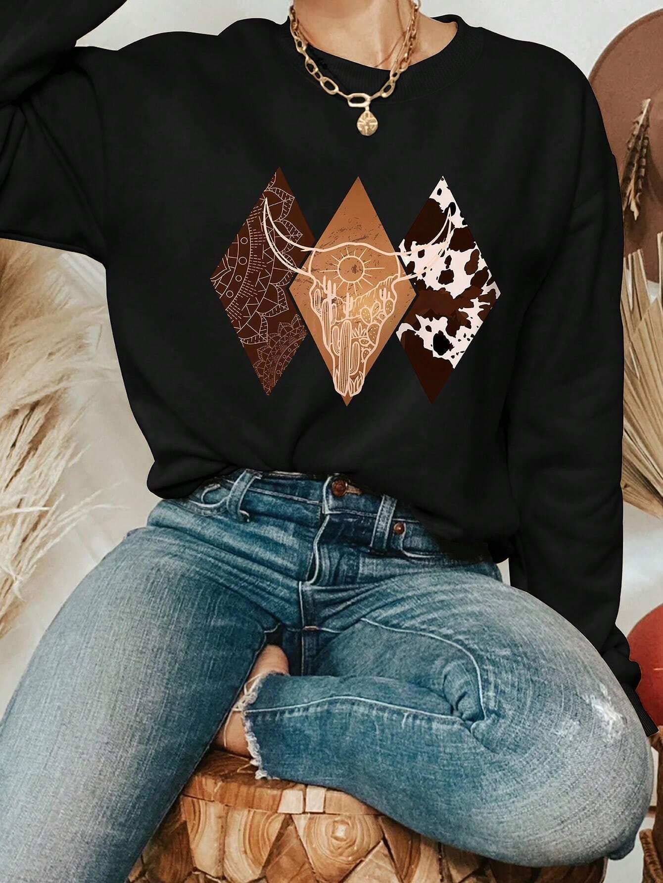 Casual Women Sweatshirt Cowboy Style Pattern Printing Hoodie