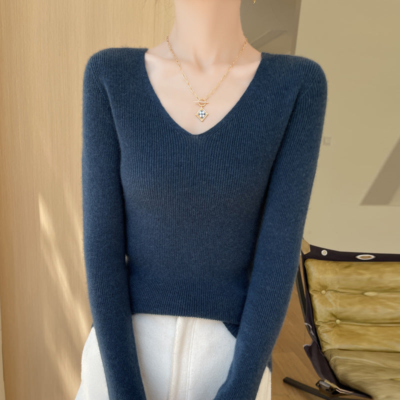 New V-neck Ribbed Slim-fitting Base Layer For Women, Slimming