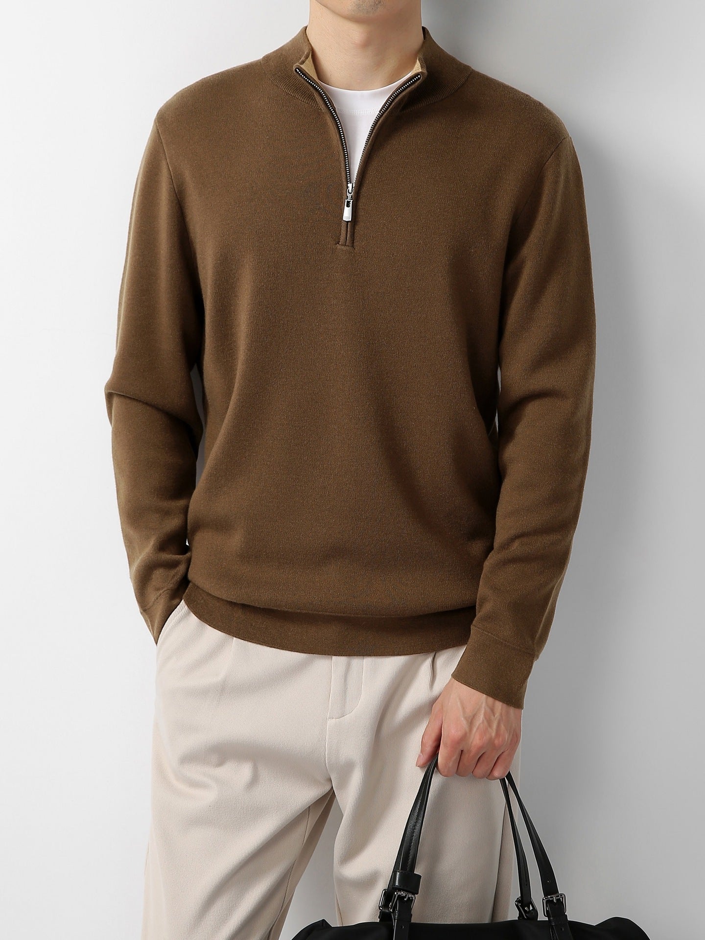 Men's Sweater Light Mature Simple Zip Stand Collar Machine Washable Merino Wool Knitwear