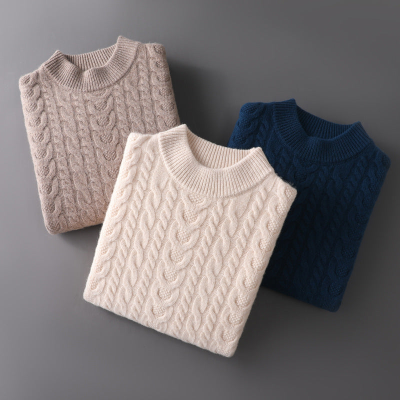 Men's Wool Sweater With Half Turtleneck And Cable Knit
