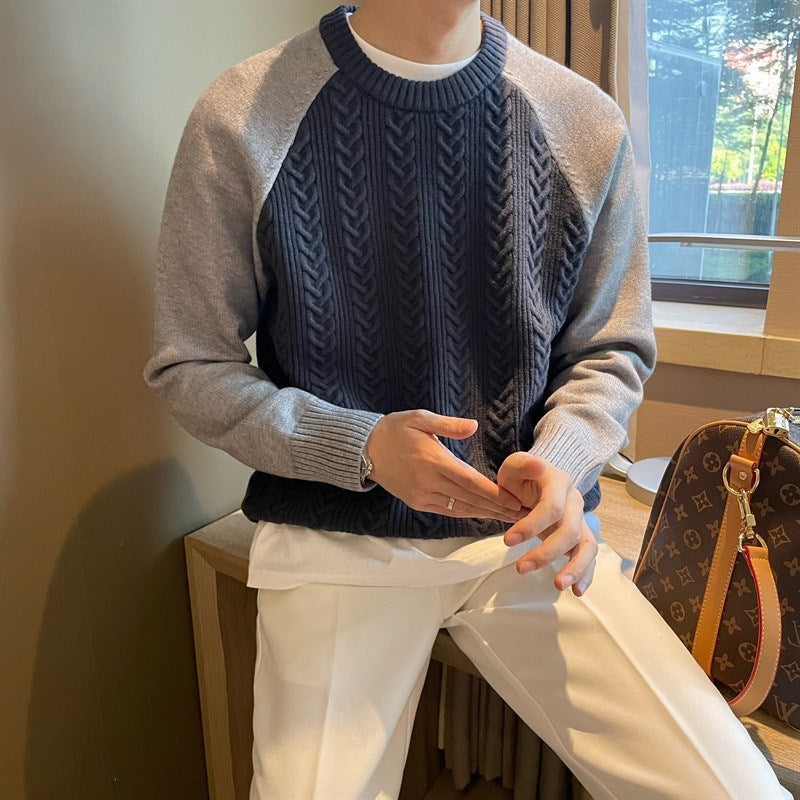 Round Neck Pullover Thickened Color-blocked Cable Knit Casual Men's Sweater