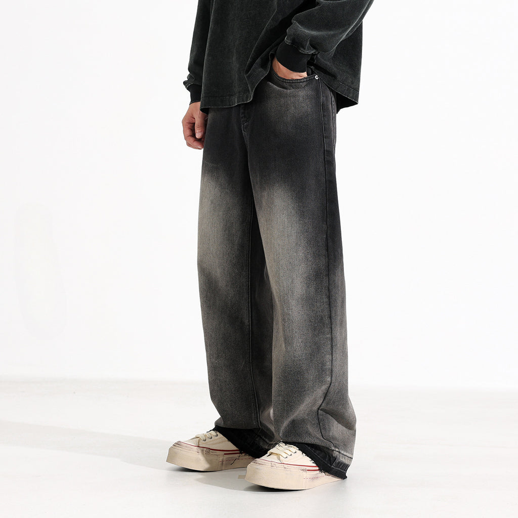 American-style Heavy Washed Black And Gray Straight Jeans Men's Loose Wide Leg Casual Trousers