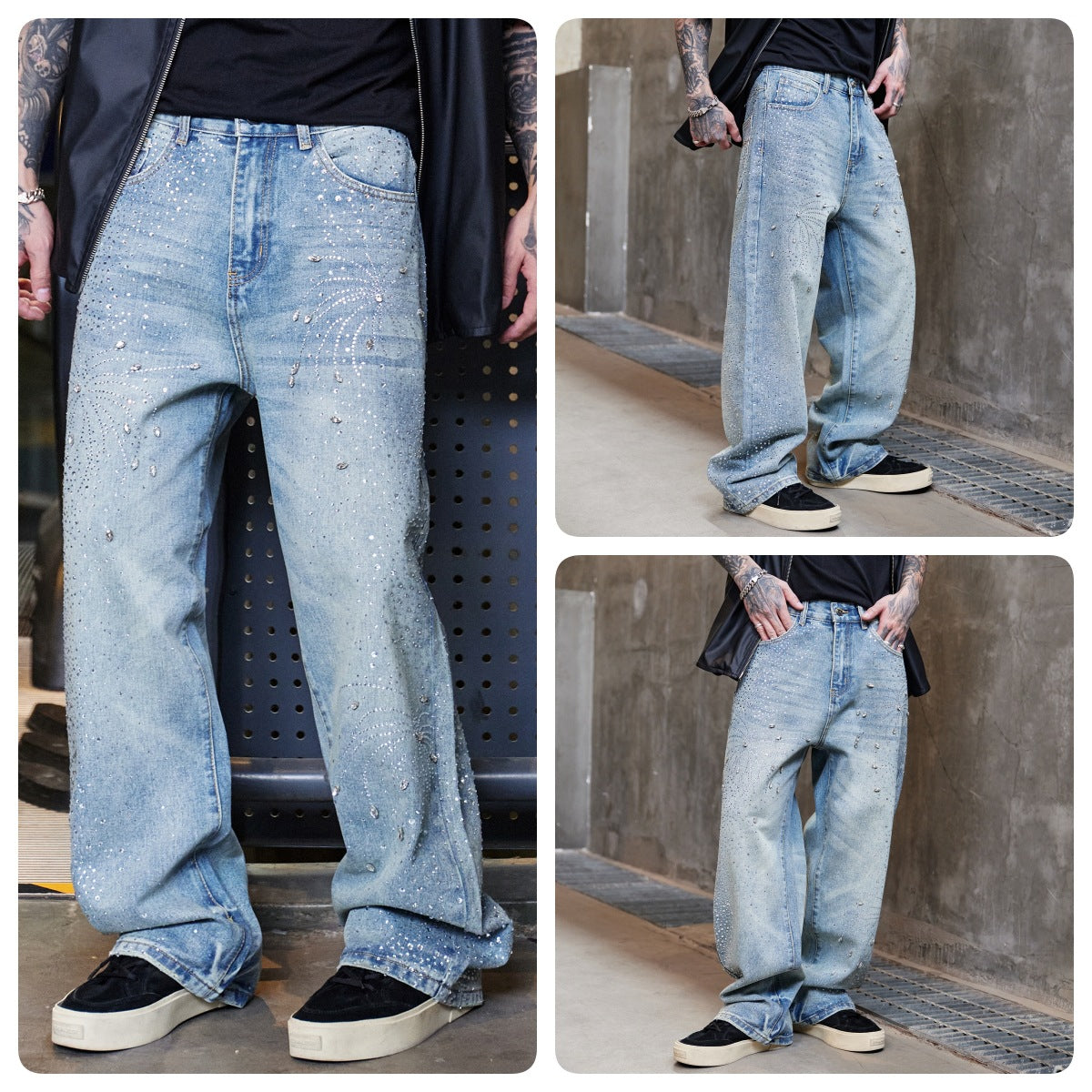 Men's High Street Washed Straight Full Diamond Design Jeans