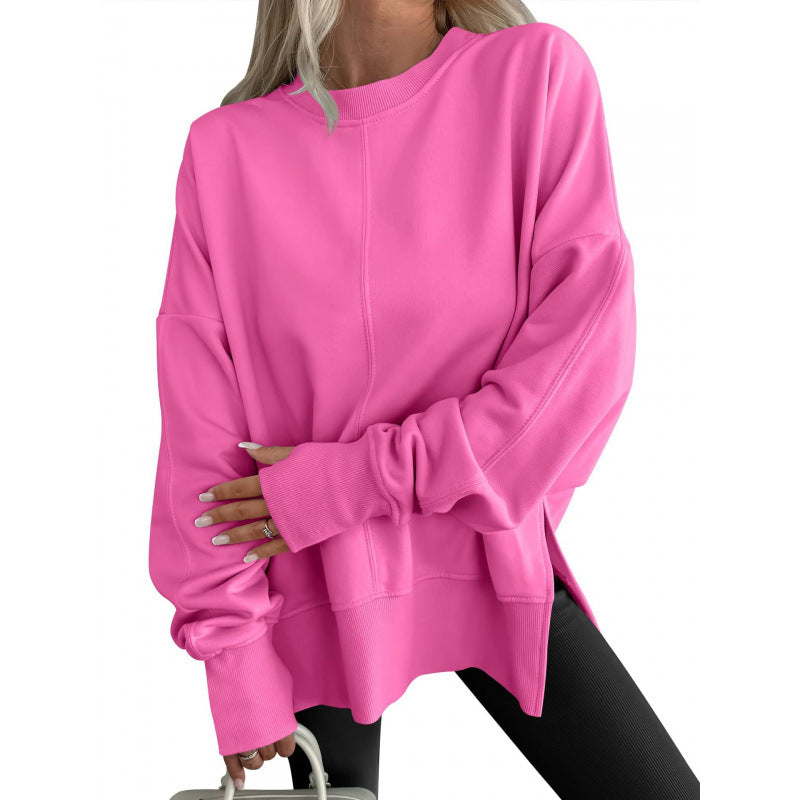 Loose Sweater Side Slit Patchwork Round Neck Bat Sleeve Velvet Hoodie