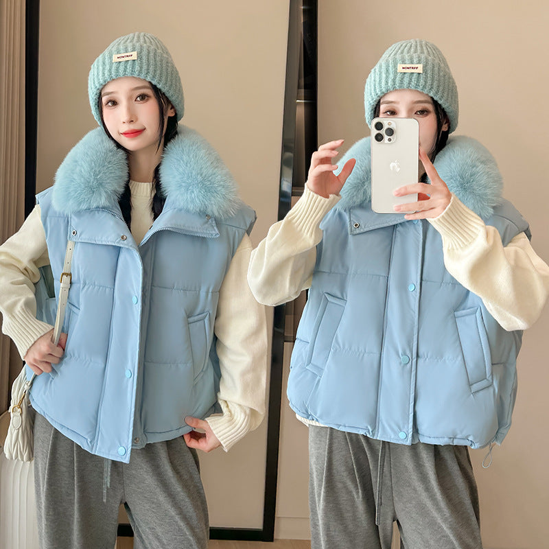 Women's Big Fur Collar Loose Down Cotton Vest Short Zipper