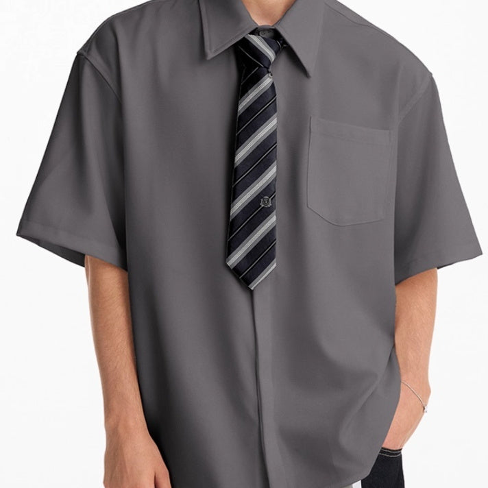 Summer American Retro Solid Color Short Sleeve Shirt Men