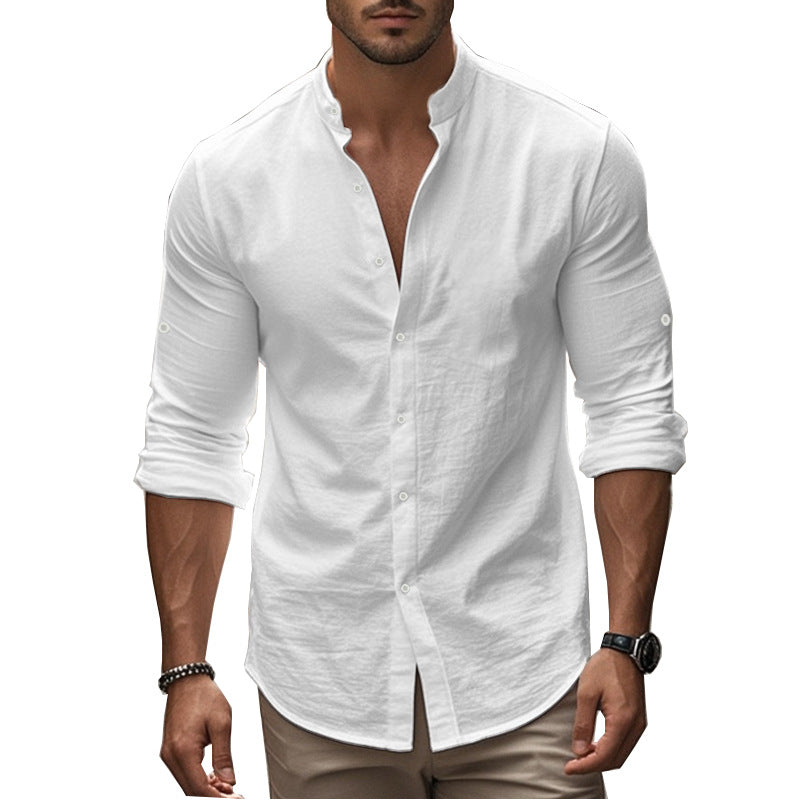 Standing Collar Solid Color Casual Cotton Linen Shirt