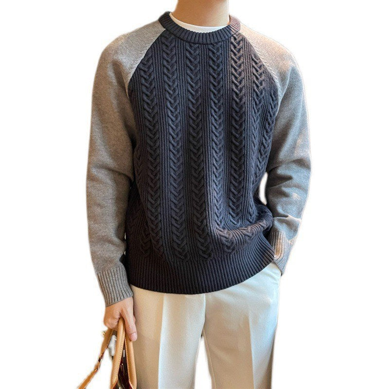 Round Neck Pullover Thickened Color-blocked Cable Knit Casual Men's Sweater