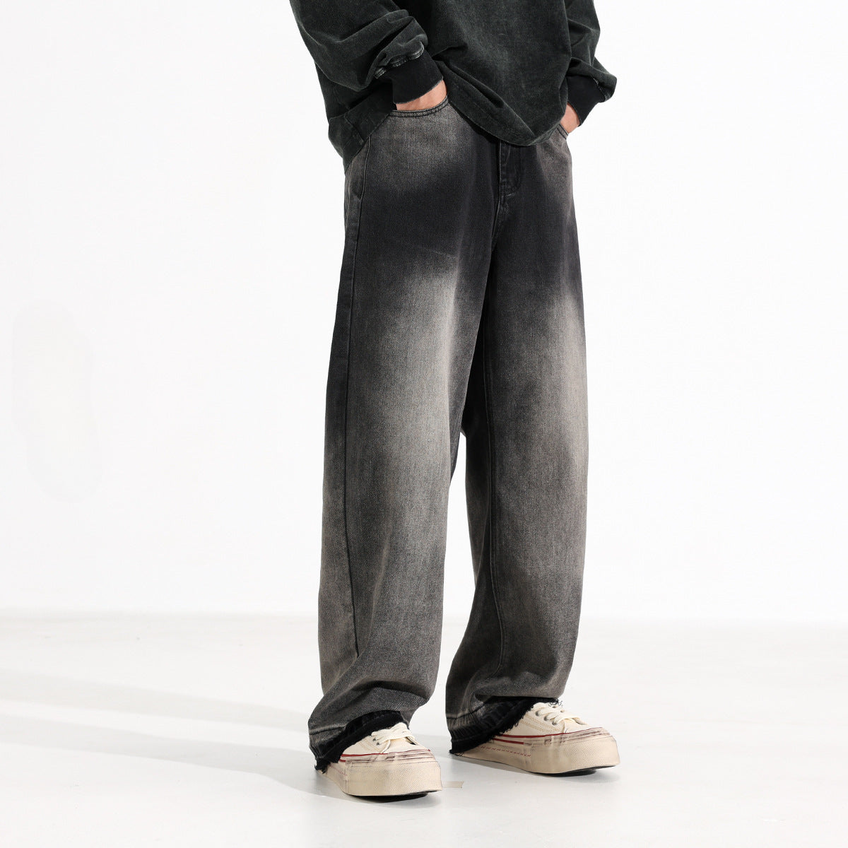 American-style Heavy Washed Black And Gray Straight Jeans Men's Loose Wide Leg Casual Trousers
