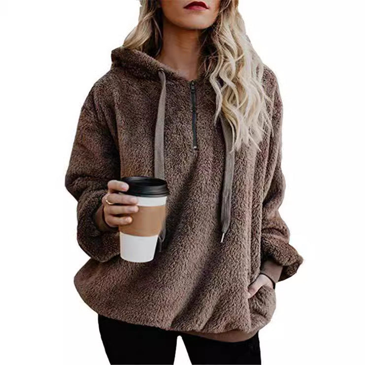 Long Sleeve Zipper Hooded Color Women's Sweatshirt Fleece Jacket