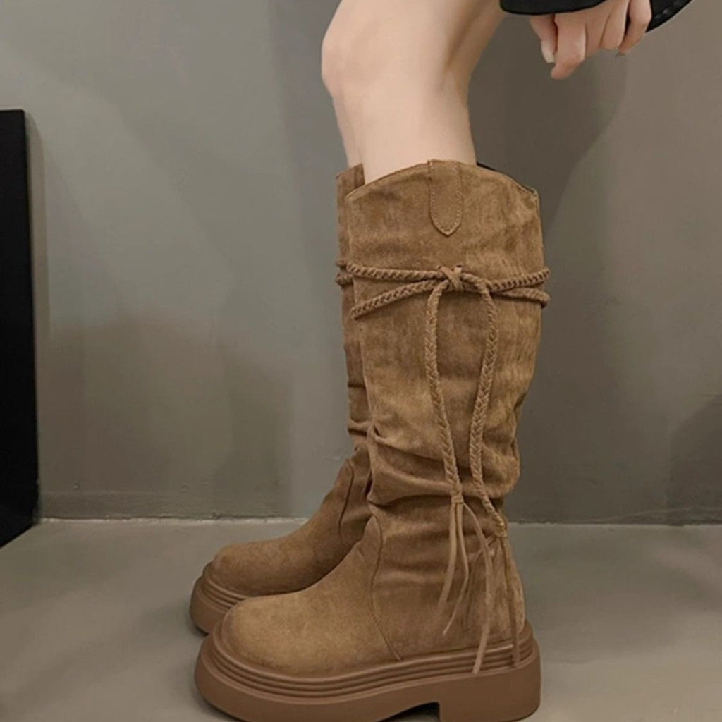 Retro Fashion Versatile Fringe Stacked Boots Women