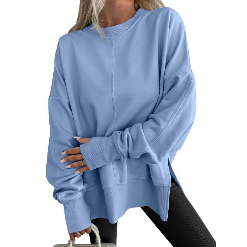 Loose Sweater Side Slit Patchwork Round Neck Bat Sleeve Velvet Hoodie