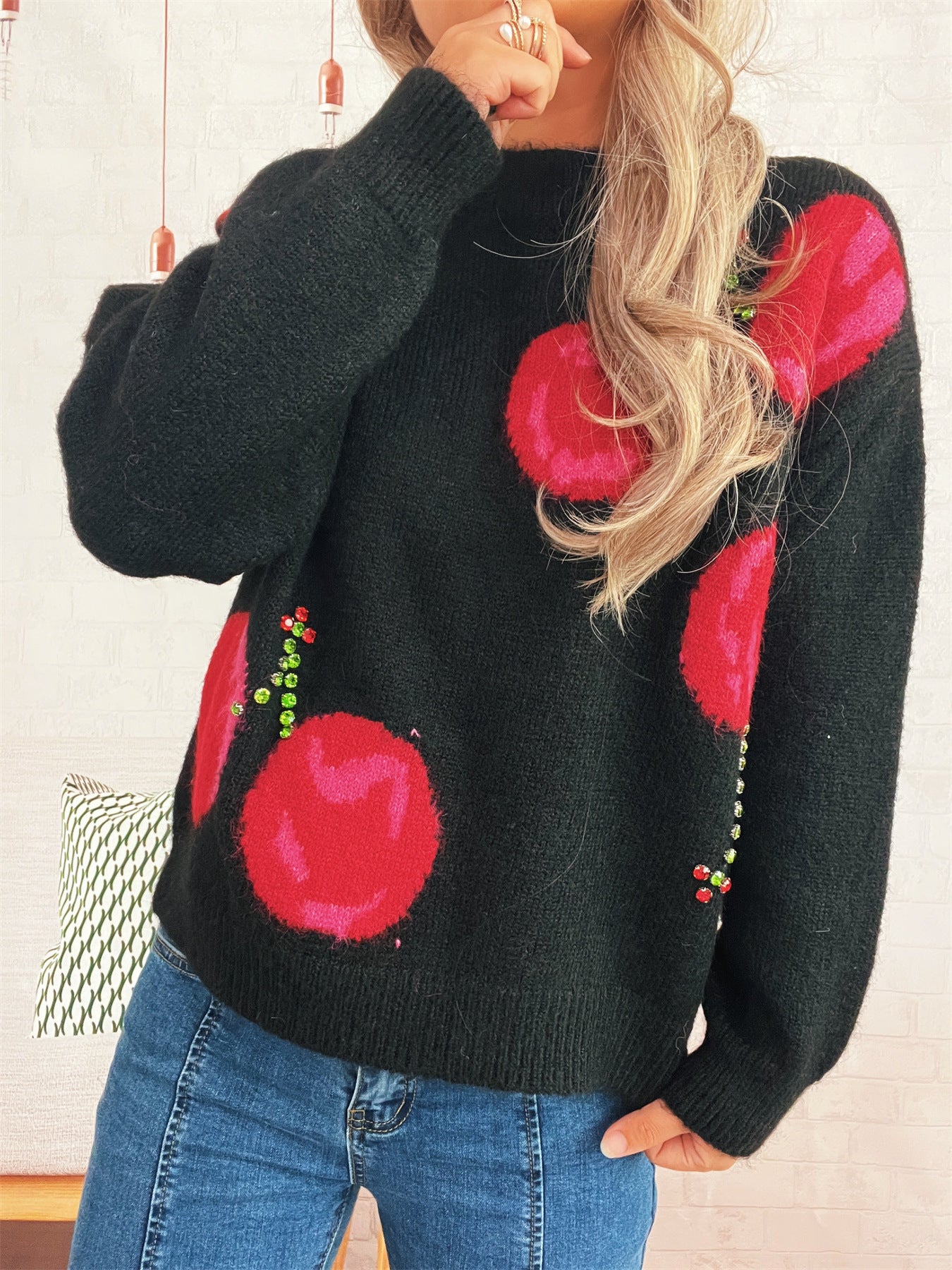 Women's Casual Loose Cherry Jacquard Color-block Knit Sweater