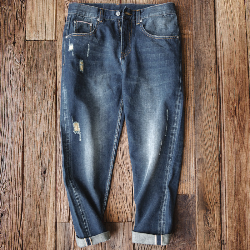 Tooling Retro Tattered Jeans Washed Cropped Pants