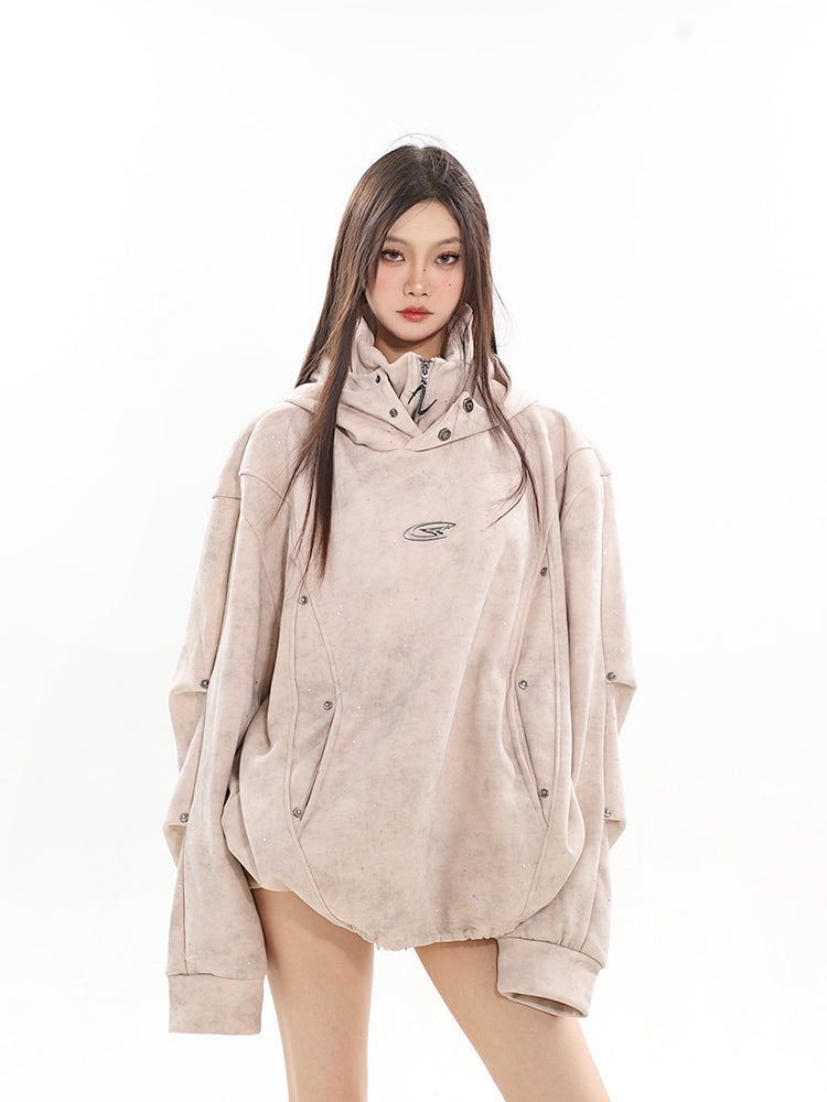 Hooded Sweater Double-layer Turtleneck Metal Pleated Couple's Tops