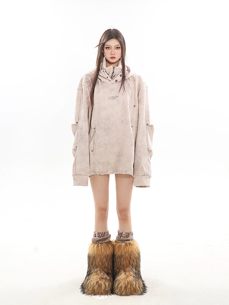 Hooded Sweater Double-layer Turtleneck Metal Pleated Couple's Tops