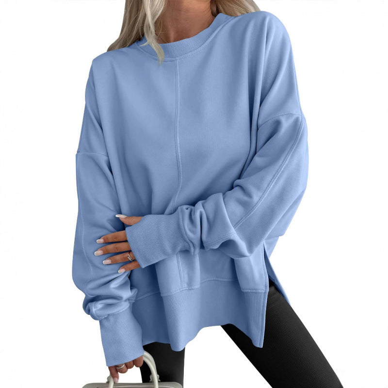 Loose Sweater Side Slit Patchwork Round Neck Bat Sleeve Velvet Hoodie