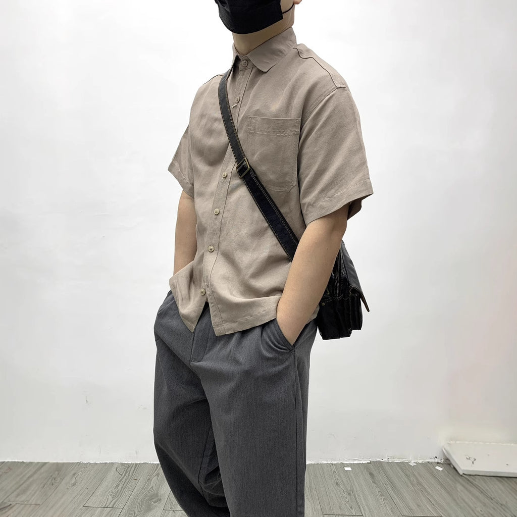 Flat Hem Cotton And Linen Short-sleeved Men's  Shirt