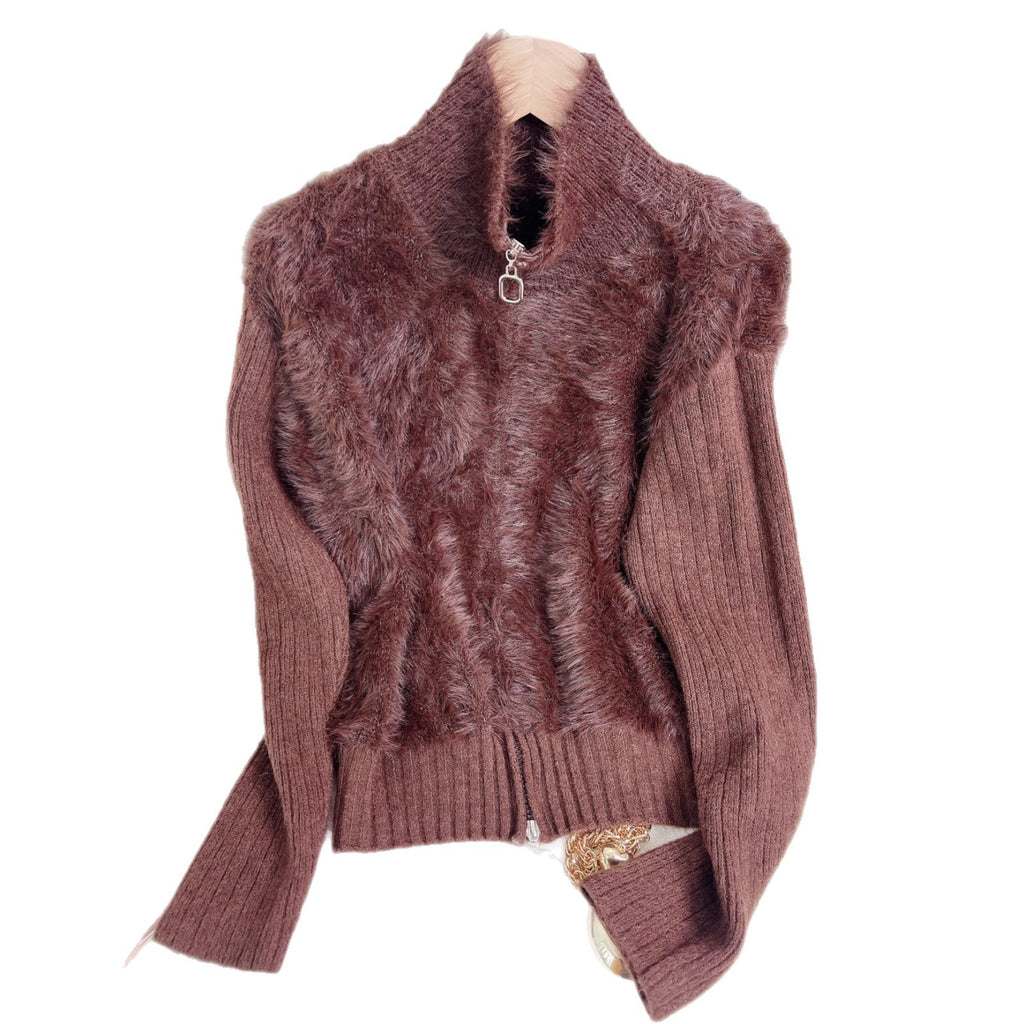 Women's Solid Color Stand Collar Faux Mink Sweater