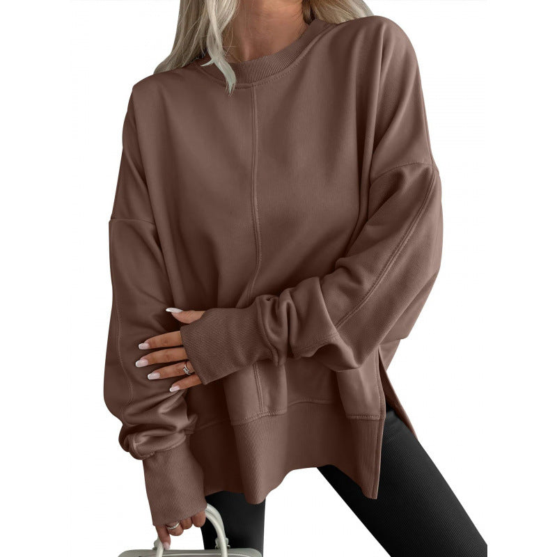 Loose Sweater Side Slit Patchwork Round Neck Bat Sleeve Velvet Hoodie