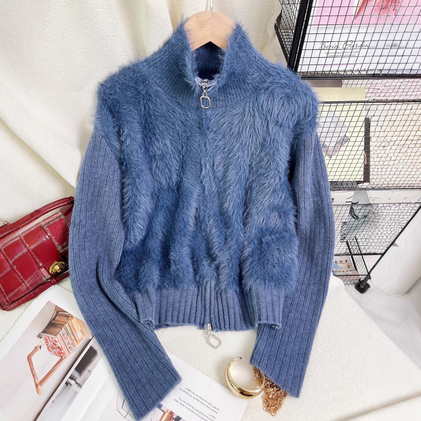 Women's Solid Color Stand Collar Faux Mink Sweater