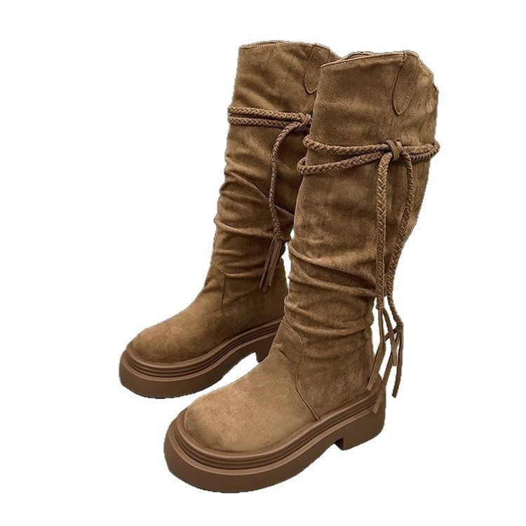 Retro Fashion Versatile Fringe Stacked Boots Women