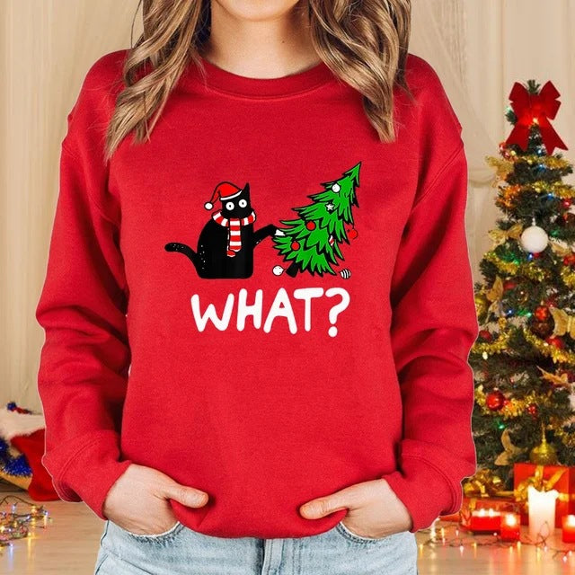 Lady Christmas Cat Round Neck Sweater Long Sleeve