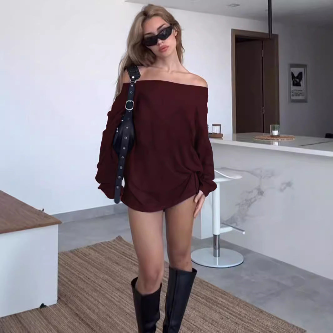 Sweet And Spicy Style Burgundy Dress Off-shoulder Loose Short Dress For Autumn And Winter