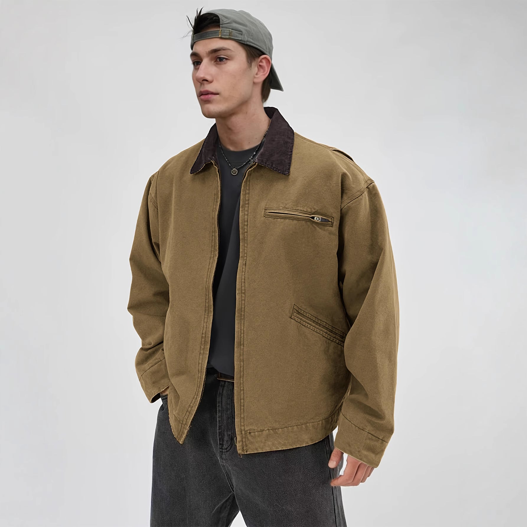 Men's Tooling Washed Jacket Spring And Autumn Color Turn-down Collar Coat