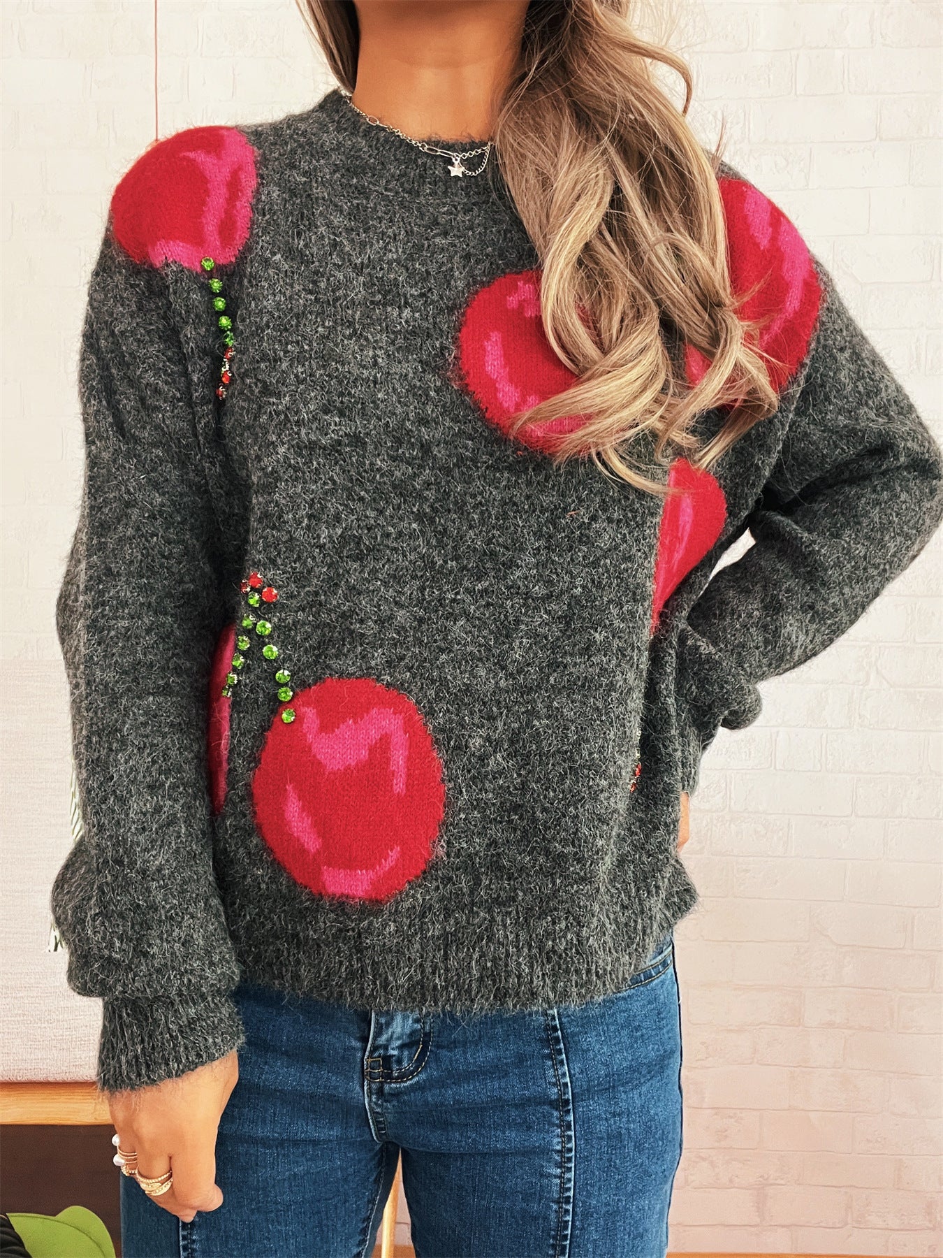 Women's Casual Loose Cherry Jacquard Color-block Knit Sweater