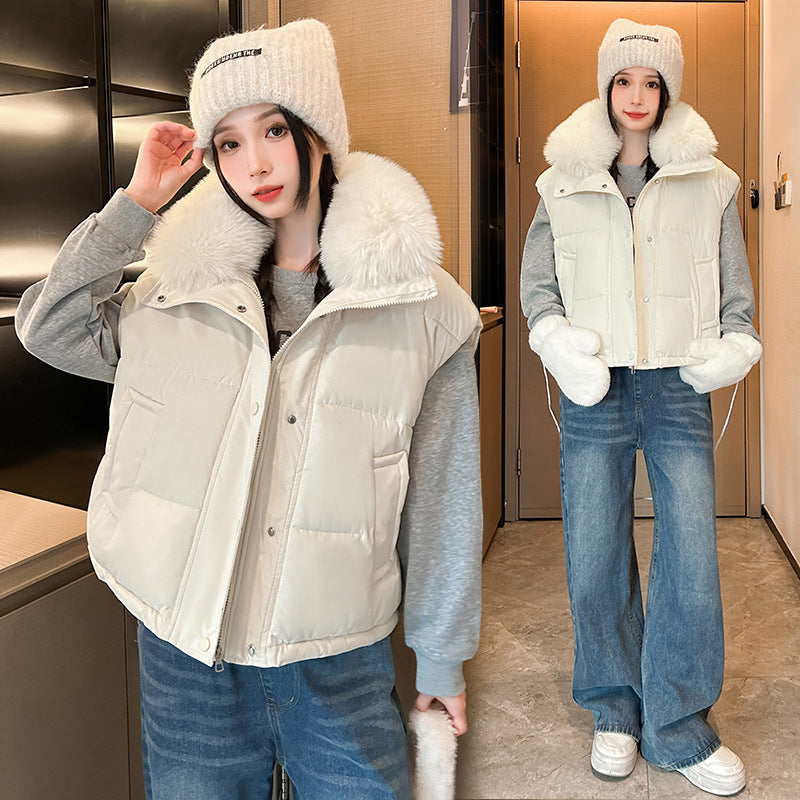 Women's Big Fur Collar Loose Down Cotton Vest Short Zipper