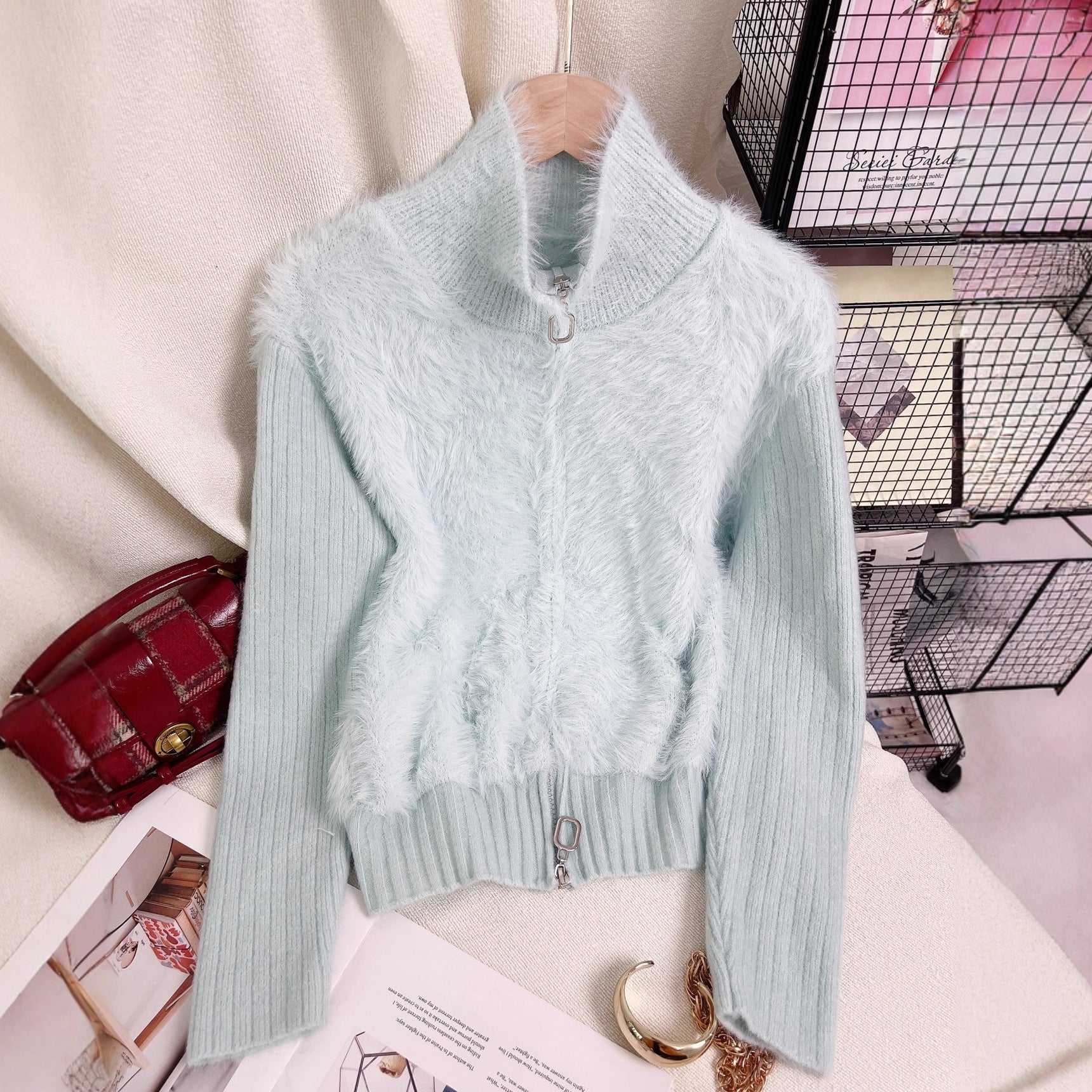 Women's Solid Color Stand Collar Faux Mink Sweater