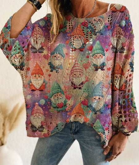 Bat Loose Off-shoulder Boat Neck Diamond Hollow-out Contrast Color Christmas Print Knitted Sweater